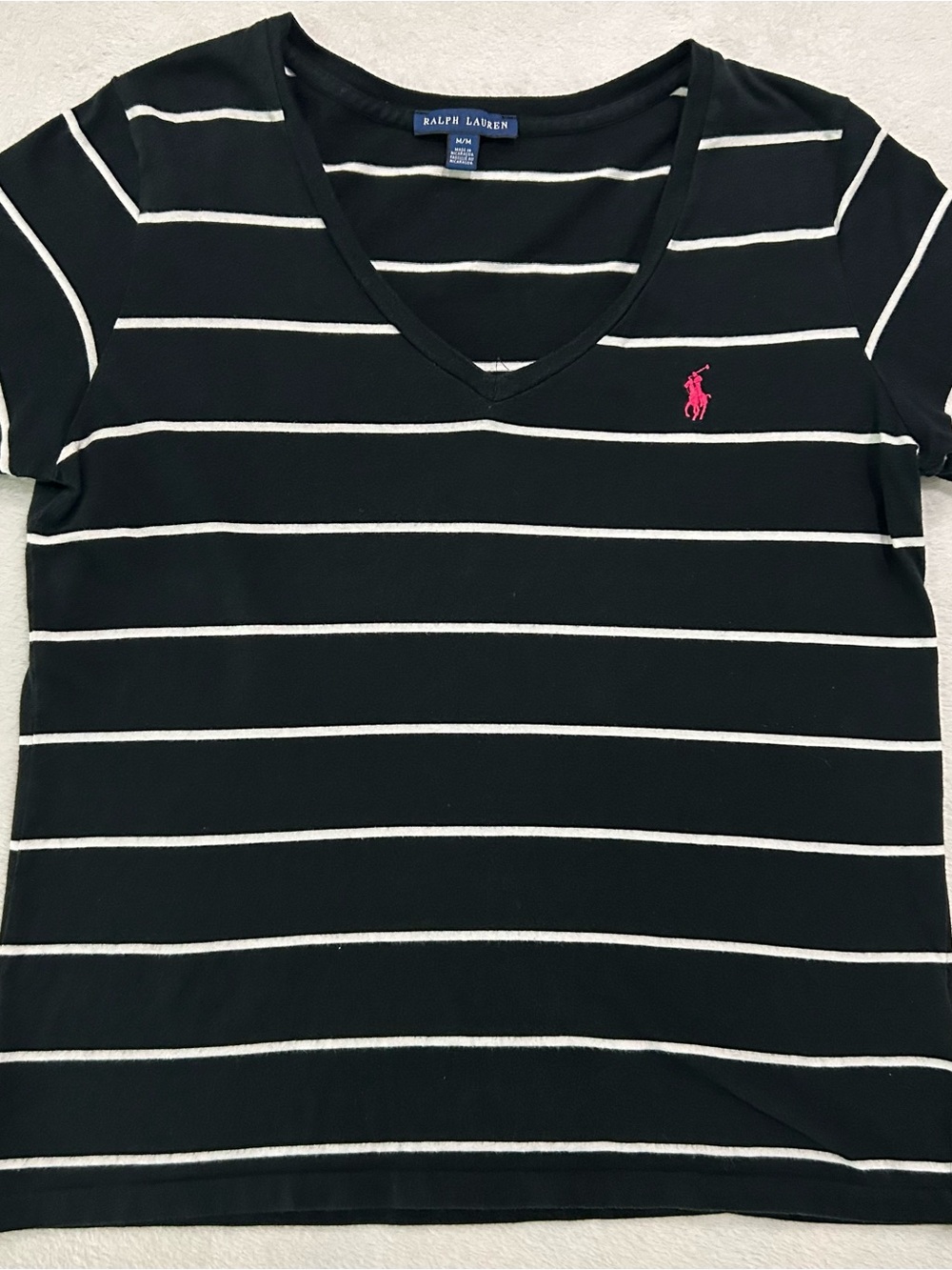 Ralph Lauren Black & White Striped V-Neck Tee with Pink Pony Sz M Preppy Casual